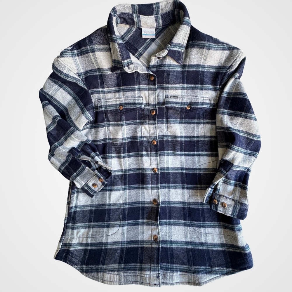 Columbia Outdoor Plaid Flannel Button Down Shirt Plaid Navy Grey XL Hand Pockets